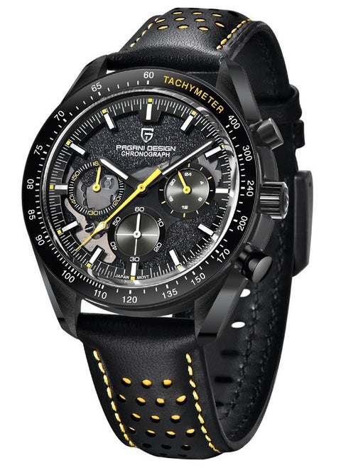 Men's Quartz Watches Metal Frame Black And Yellow Dial Leather Strap Sports Waterproof PD1779