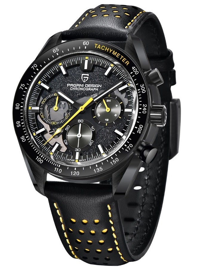 Men's Quartz Watches Metal Frame Black And Yellow Dial Leather Strap Sports Waterproof PD1779