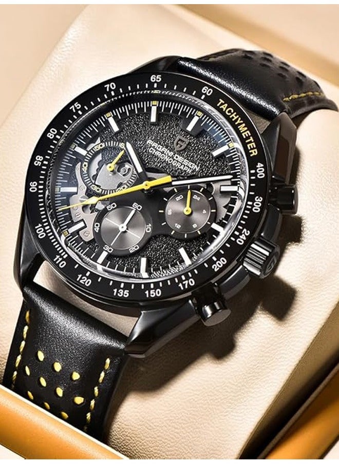 Men's Quartz Watches Metal Frame Black And Yellow Dial Leather Strap Sports Waterproof PD1779