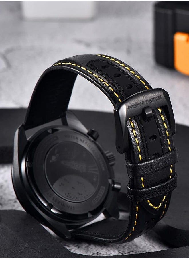 Men's Quartz Watches Metal Frame Black And Yellow Dial Leather Strap Sports Waterproof PD1779