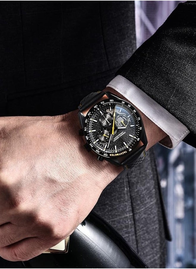 Men's Quartz Watches Metal Frame Black And Yellow Dial Leather Strap Sports Waterproof PD1779