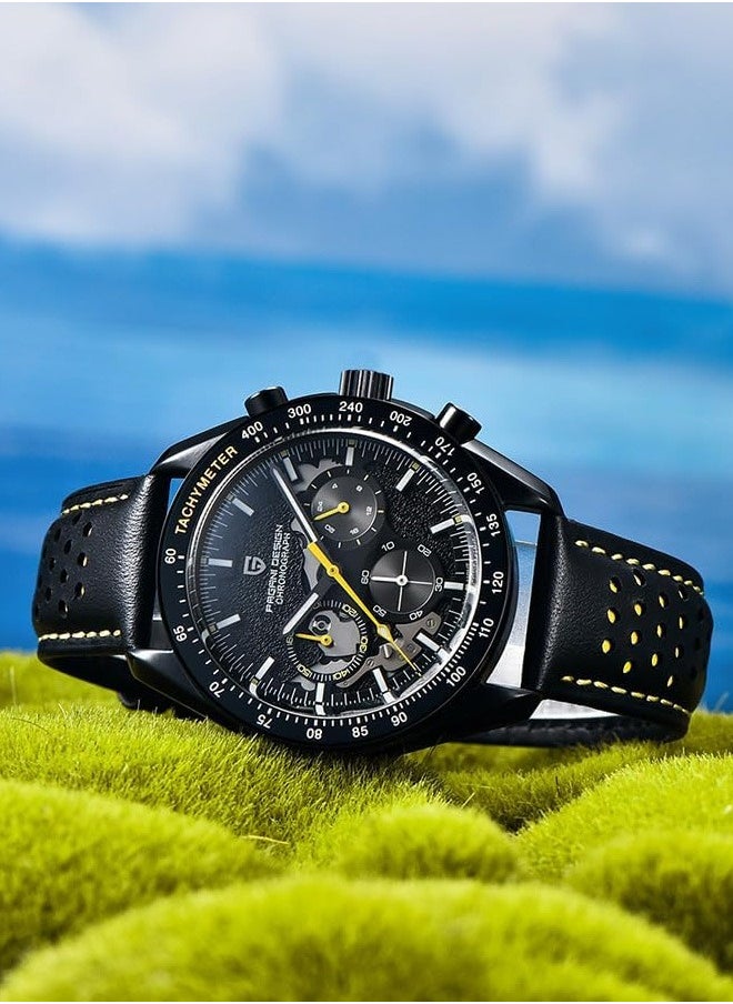Men's Quartz Watches Metal Frame Black And Yellow Dial Leather Strap Sports Waterproof PD1779