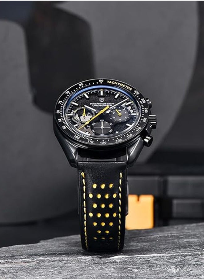 Men's Quartz Watches Metal Frame Black And Yellow Dial Leather Strap Sports Waterproof PD1779