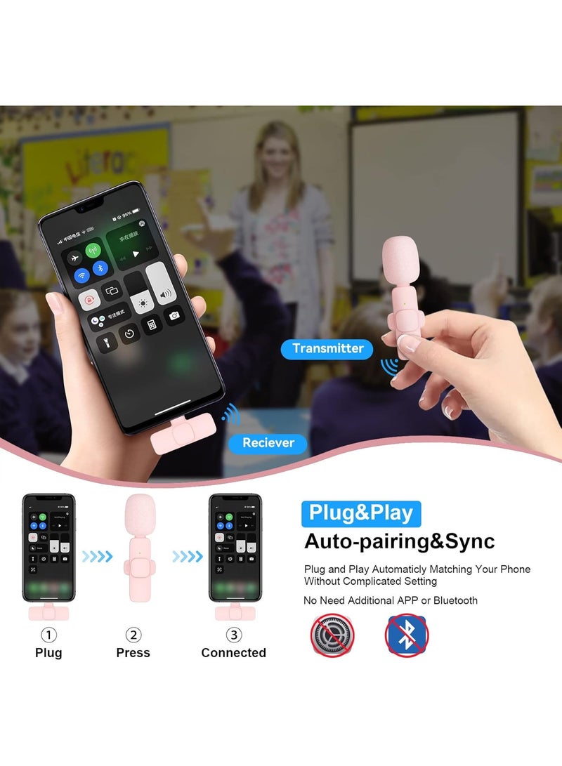 Wireless Microphone For Type-C Phones - Plug And Play Lavalier Microphone With 2 Microphones For Usb-C Android Phones And Iphones, Microphone For Vlogging And Video Recording/Interviews - Auto Sync And Noise Reduction - 2.4 Ghz - Pink - Image 2
