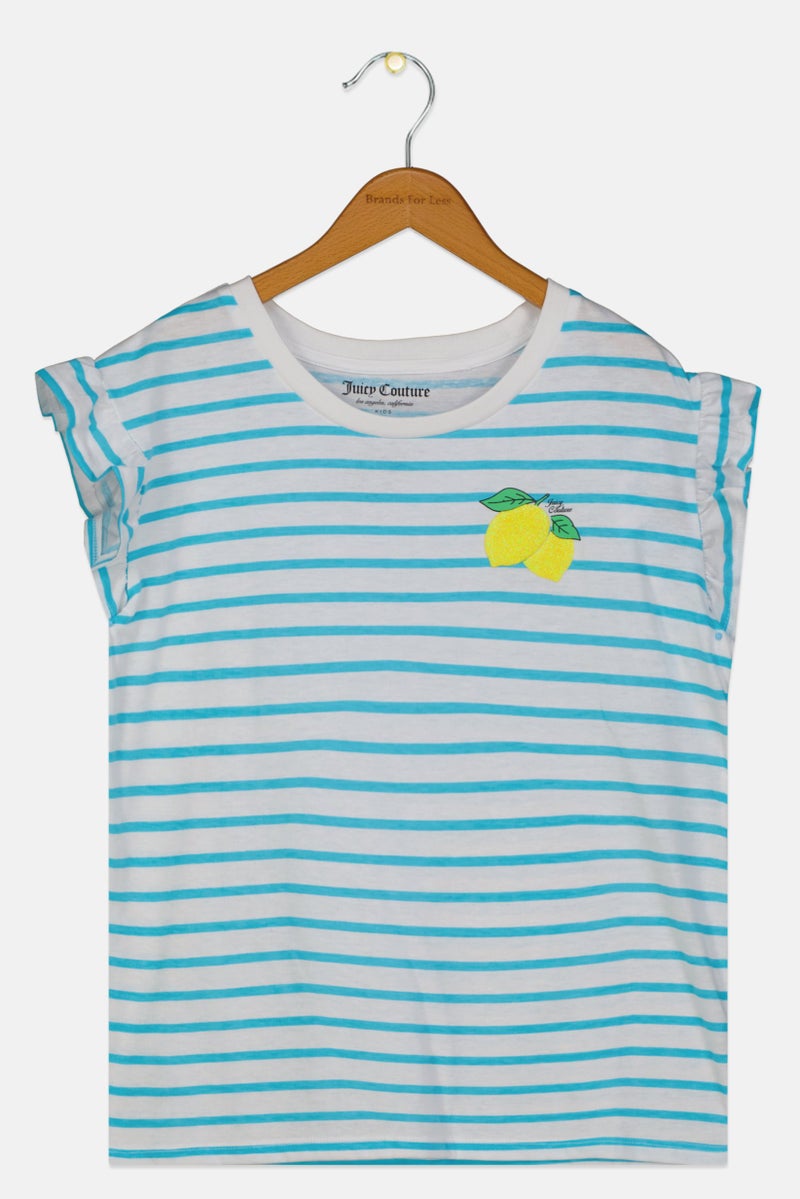 Juicy Couture بلوزة بنات للأطفال بأكمام قصيرة و ياقة دائرية بنمط خطوط، بيضاء - Image 1