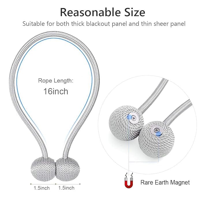 INOVERA (LABEL) 2 Pieces Window Curtain Tiebacks Drapery Hold-Backs Band for Office Home Decorative (Pair 1, Grey) - Image 2