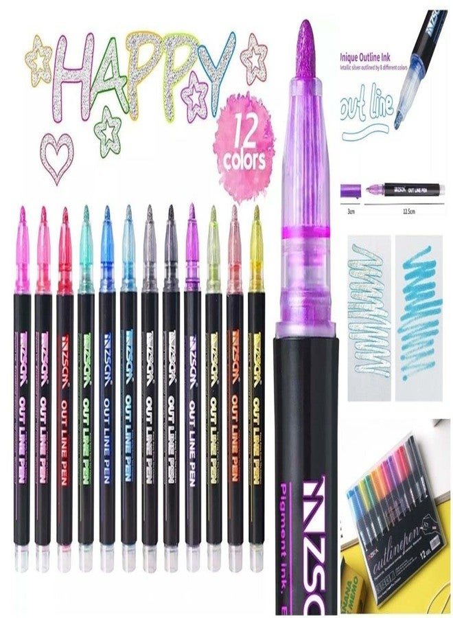 Mayatra's Arts Outline Marker Pens,12 Colors Double Line Paint Permanent Marker Pens for Gift Card, Rock Painting, Crafts, Paper, Wood, Ceramic, Glass., And For KIds Educational Use. - Image 1