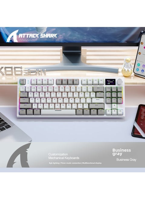 Attack Shark K86 Three-mode RGB Bluetooth 2.4g Wired Luminous Display Customized Hot Plug Mechanical Keyboard-Color:Attack Shark K86 Three-mode RGB Keyboard Business Gray Blue Whale Shaft