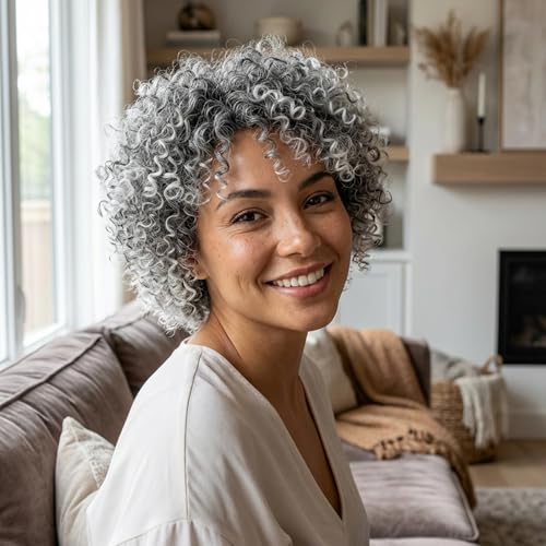 CINHOO Gray Curly Hair Topper for Thinning Hair with Bangs Clip on Ponytails for Black Women Mens Hair Piece Unite Hair Products Salt and Pepper Wigs for Women Toupee for Men(1B/Gray) - Image 1