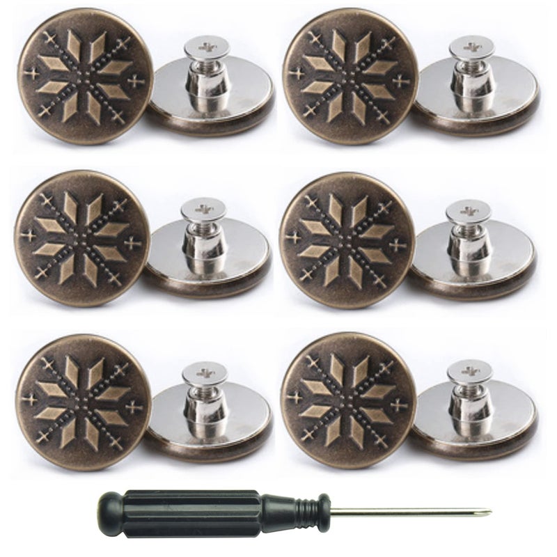 ZHIYONZEE 12 PCS Replacement Jean Button No Sew Screw Buttons 20mm Removable Adjustable Metal Button Repair Sewing Kit with Screwdrivers Pants Waist Tightener for Men Women Snowflake 