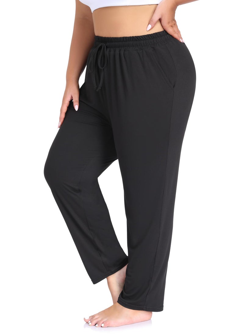 ZERDOCEAN Women's Plus Size Casual Yoga Pants Straight Leg Comfy Relaxed Joggers Lounge Pants Drawstring with Pockets Black 4X - Image 2