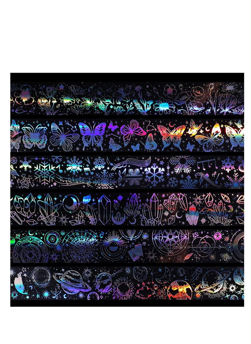 Vintage Holographic Glitter PET Tape with erfly and Flower Designs, Waterproof Transparent Shiny Tapes for DIY Art, Crafting, Journaling, and Scrapbooking - Set of 6 Rolls - Image 2