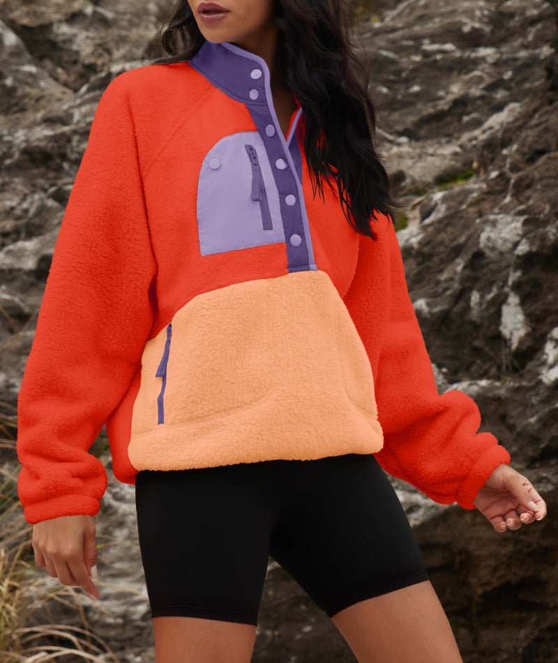 Yanekop Fleece Pullover Women Oversized Button Down Sweatshirts Cozy Fall Sweaters Long Sleeve V Neck Sweaters(Orange Mixed,S) - Image 4