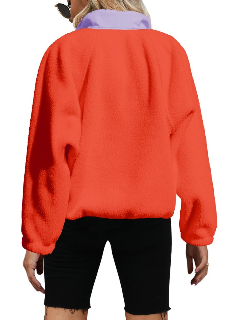 Yanekop Fleece Pullover Women Oversized Button Down Sweatshirts Cozy Fall Sweaters Long Sleeve V Neck Sweaters(Orange Mixed,S) - Image 2