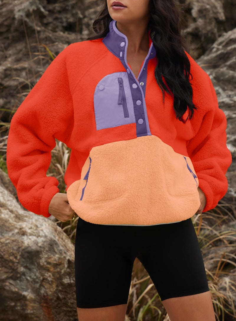 Yanekop Fleece Pullover Women Oversized Button Down Sweatshirts Cozy Fall Sweaters Long Sleeve V Neck Sweaters(Orange Mixed,S) - Image 5