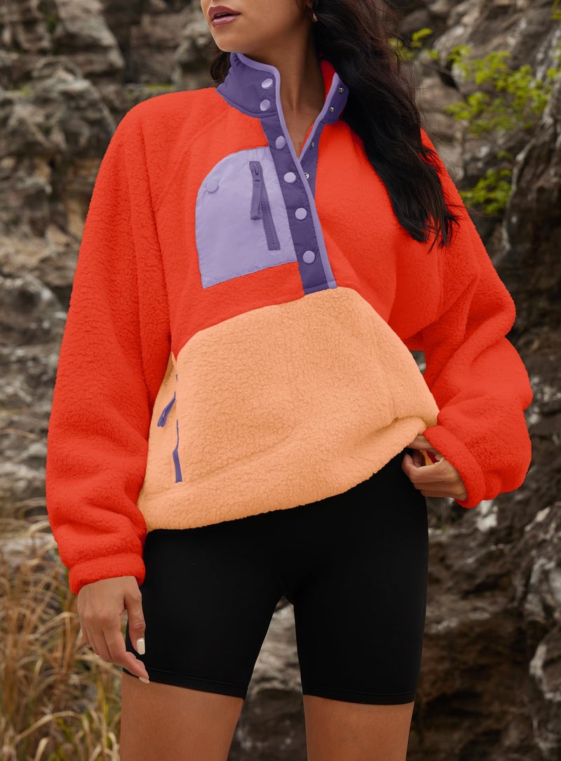 Yanekop Fleece Pullover Women Oversized Button Down Sweatshirts Cozy Fall Sweaters Long Sleeve V Neck Sweaters(Orange Mixed,S) - Image 3