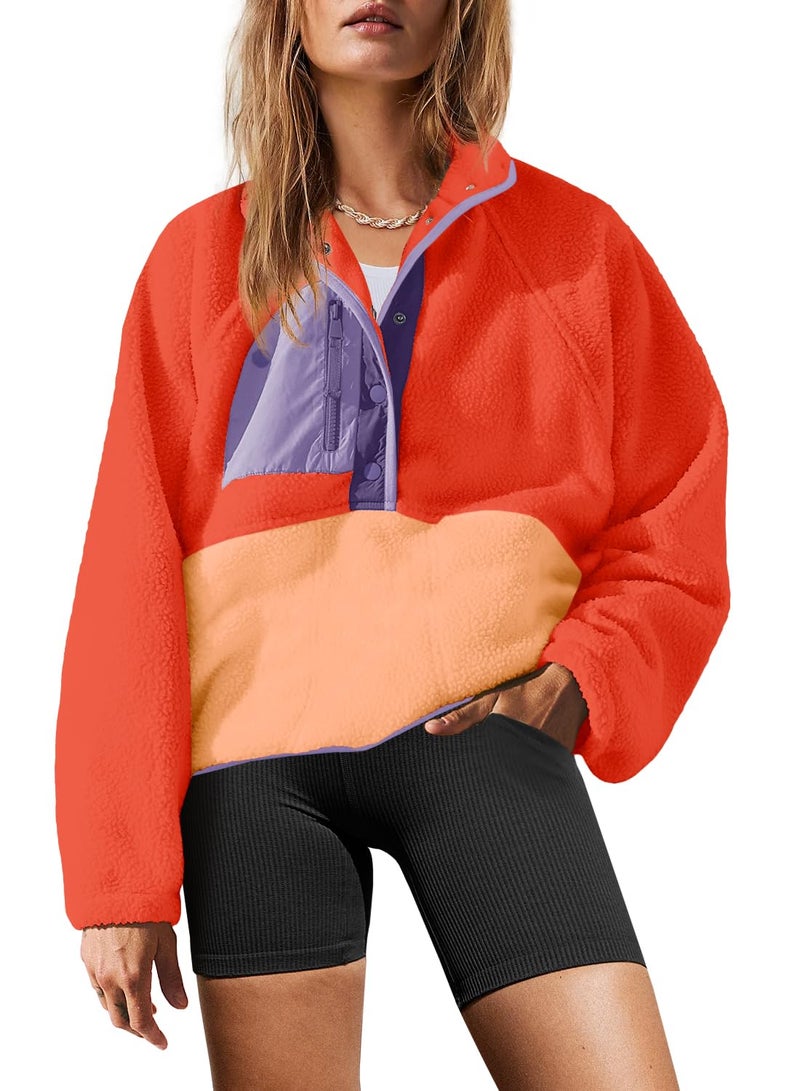 Yanekop Fleece Pullover Women Oversized Button Down Sweatshirts Cozy Fall Sweaters Long Sleeve V Neck Sweaters(Orange Mixed,S) - Image 1