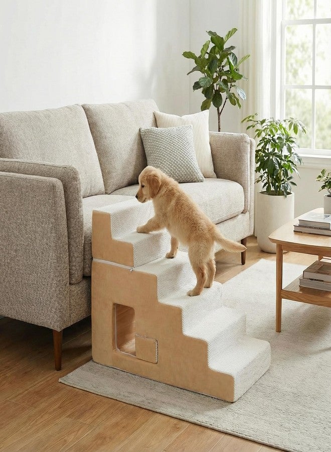 YU YUSING Dog Stairs for Small Dogs 27”H, 6-Step Dog Steps for High Bed, High-Density Foam Pet Stairs with Non-Slip Removable Washable Cover to Get on Bed(Beige) - Image 5