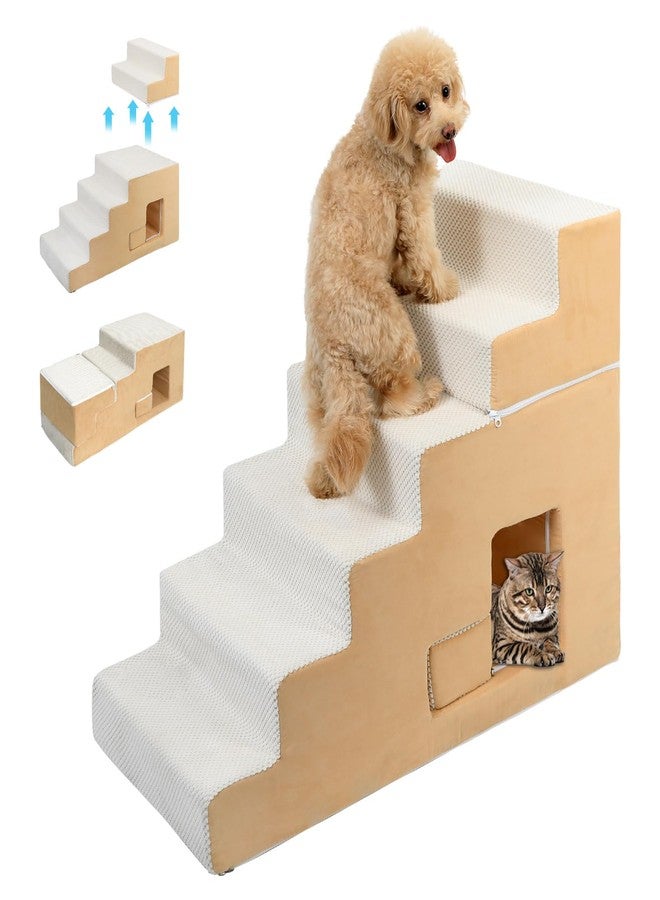 YU YUSING Dog Stairs for Small Dogs 27”H, 6-Step Dog Steps for High Bed, High-Density Foam Pet Stairs with Non-Slip Removable Washable Cover to Get on Bed(Beige) - Image 1