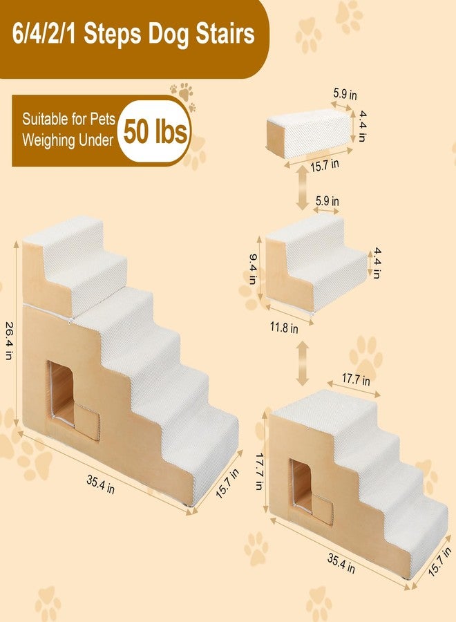 YU YUSING Dog Stairs for Small Dogs 27”H, 6-Step Dog Steps for High Bed, High-Density Foam Pet Stairs with Non-Slip Removable Washable Cover to Get on Bed(Beige) - Image 3