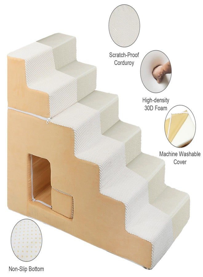 YU YUSING Dog Stairs for Small Dogs 27”H, 6-Step Dog Steps for High Bed, High-Density Foam Pet Stairs with Non-Slip Removable Washable Cover to Get on Bed(Beige) - Image 4
