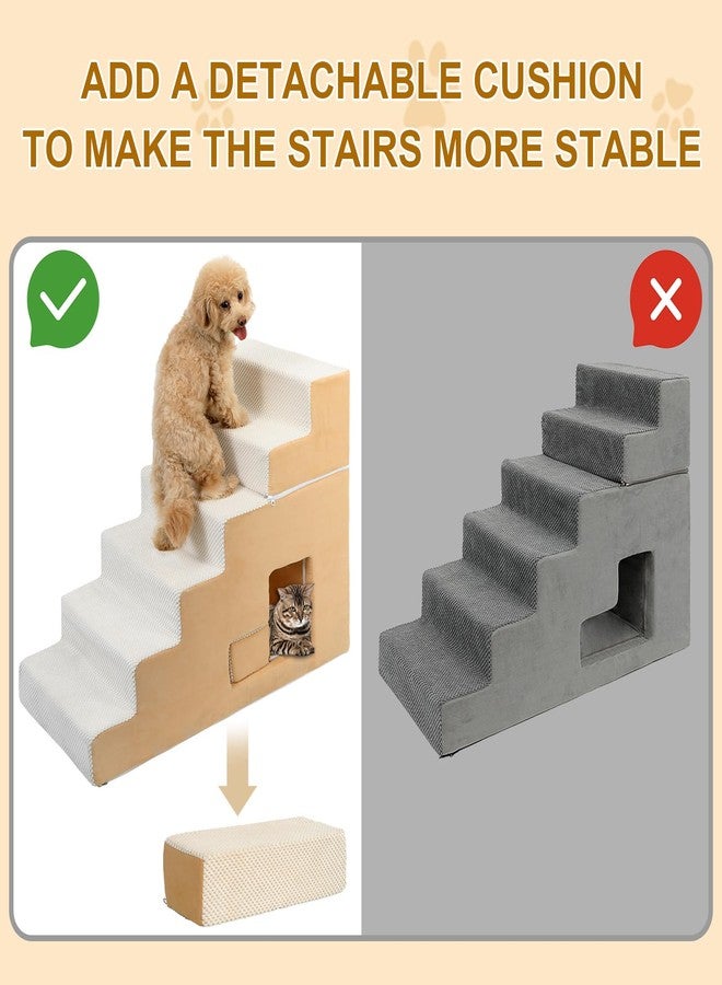 YU YUSING Dog Stairs for Small Dogs 27”H, 6-Step Dog Steps for High Bed, High-Density Foam Pet Stairs with Non-Slip Removable Washable Cover to Get on Bed(Beige) - Image 2