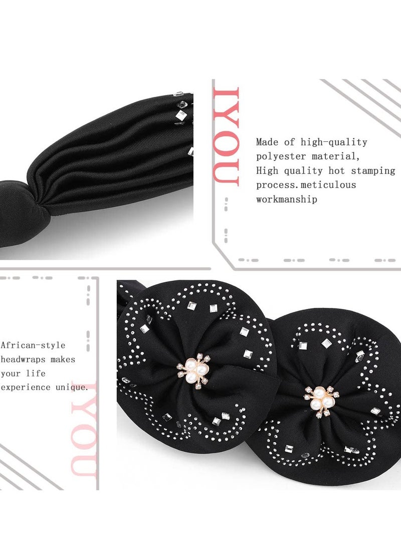 Flower African Turban Headwrap, Flower Stretch Pleasted Turbans Cap, Pre Tied Headwrap Beanie Velvet Twist Headscarf Hat Ruffle Bandanas Bonnet Women Girls (Black) - Image 3