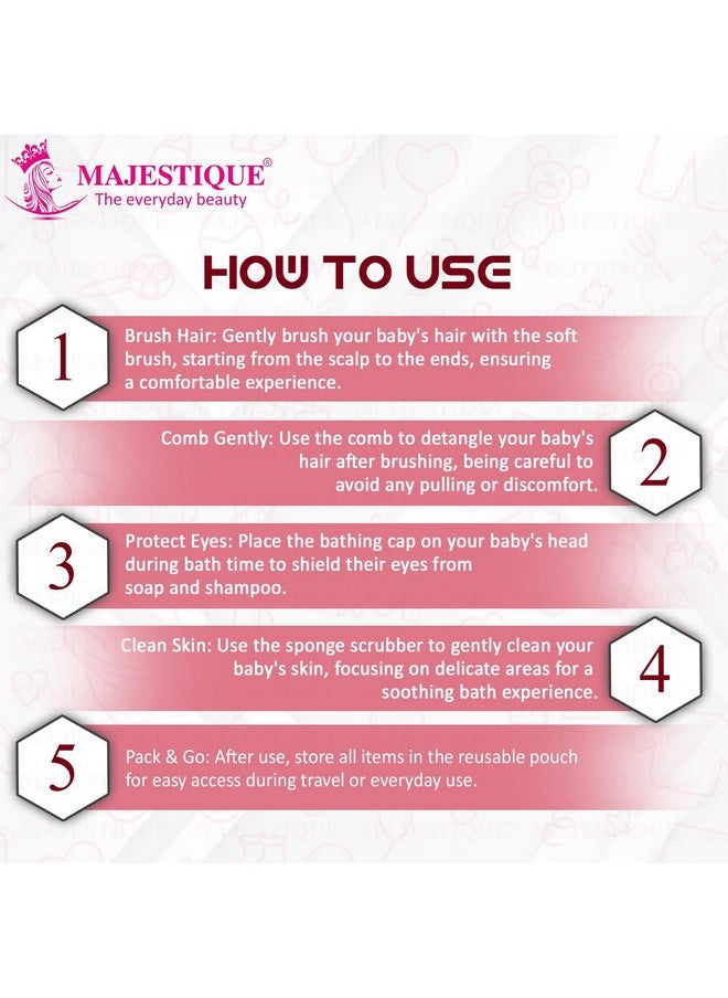 MAJESTIQUE - Baby Bathing & Grooming Kit, Soft Hair Brush, Comb, Bathing Cap, Sponge Scrubber, Essentials For Newborns To 5 Years, Baby Bath Accessories - 4Pcs/Multicolour - Image 1