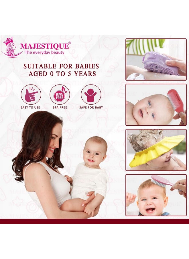 MAJESTIQUE - Baby Bathing & Grooming Kit, Soft Hair Brush, Comb, Bathing Cap, Sponge Scrubber, Essentials For Newborns To 5 Years, Baby Bath Accessories - 4Pcs/Multicolour - Image 1