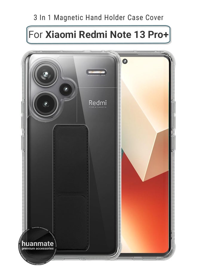 huanmate Xiaomi Redmi Note 13 Pro Plus Magnetic Case With Hand Grip Holder & Kickstand - Strong Grip for Magnetic Car Holder, Stylish & Functional, Ultimate Convenience & Hands-Free Viewing - Clear/Black - Image 1