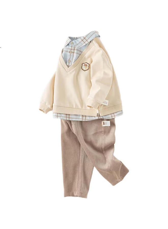 Dave & Bella Boys' Long Pants Set Spring Autumn Gentleman College Style Fake Two-Piece Shirt Two-Piece Suit - Image 2