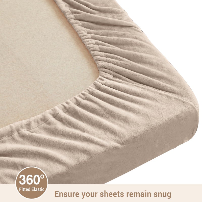 Viviland Plush Micro Fleece Full Bed Sheet Set - Soft Flannel-Like Fuzzy Polar Fleece Velvet Sheets - Extra Warm Winter Velour Fitted Sheets with 15" Deep Pocket - Sand/Beige - Image 3