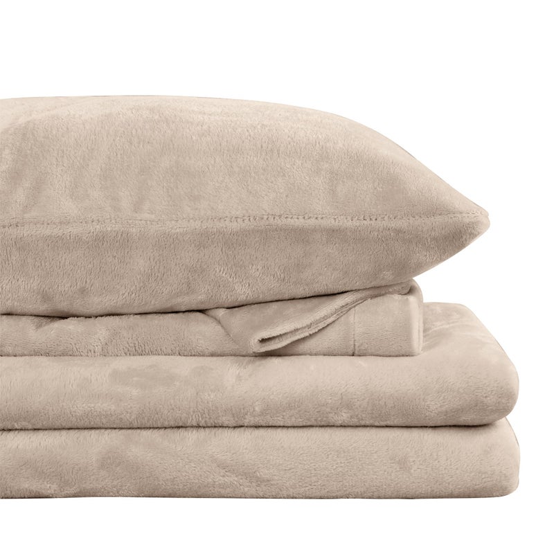 Viviland Plush Micro Fleece Full Bed Sheet Set - Soft Flannel-Like Fuzzy Polar Fleece Velvet Sheets - Extra Warm Winter Velour Fitted Sheets with 15" Deep Pocket - Sand/Beige - Image 1