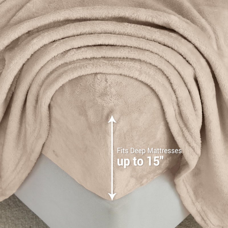 Viviland Plush Micro Fleece Full Bed Sheet Set - Soft Flannel-Like Fuzzy Polar Fleece Velvet Sheets - Extra Warm Winter Velour Fitted Sheets with 15" Deep Pocket - Sand/Beige - Image 2