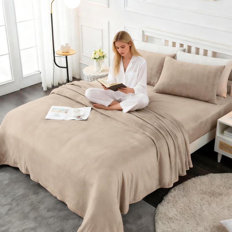 Viviland Plush Micro Fleece Full Bed Sheet Set - Soft Flannel-Like Fuzzy Polar Fleece Velvet Sheets - Extra Warm Winter Velour Fitted Sheets with 15" Deep Pocket - Sand/Beige - Image 5