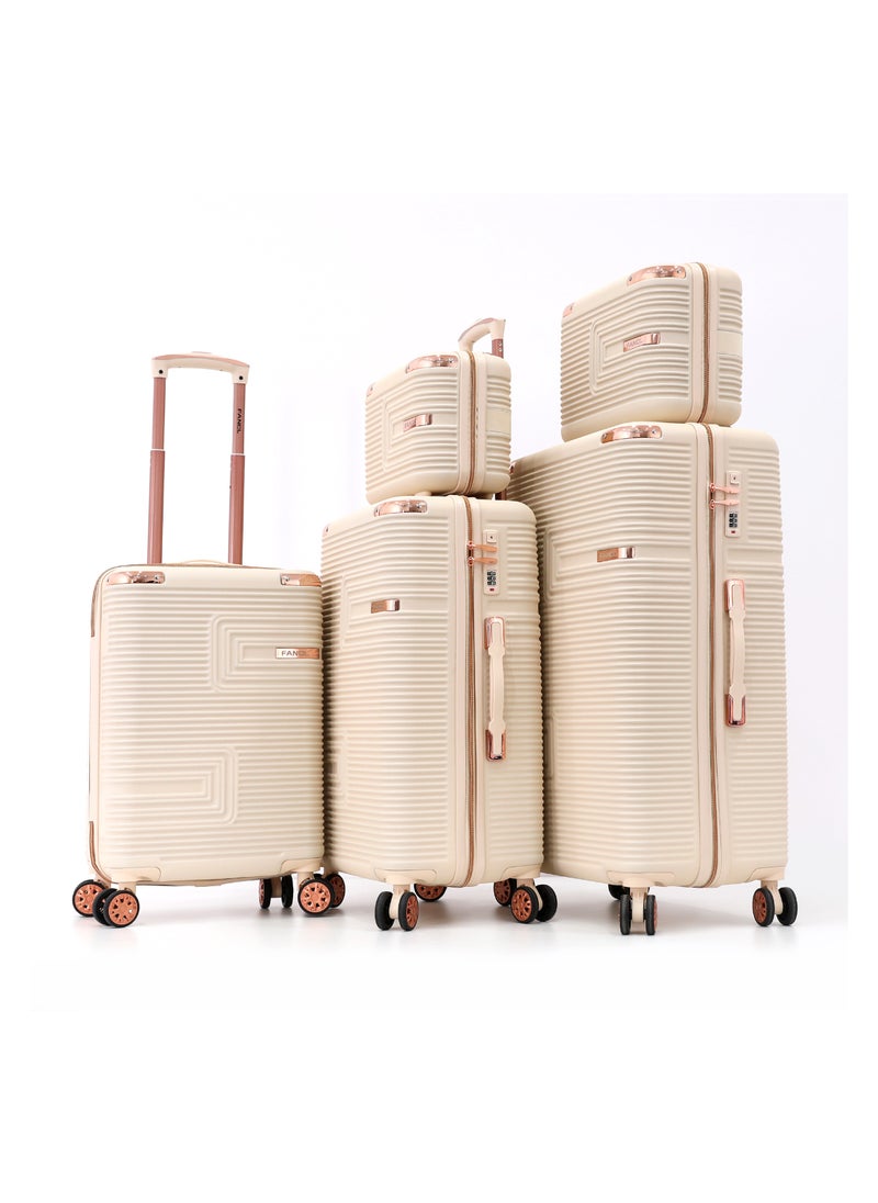 Fancl Hardshell Luggage Double Spinner Trolley Bag 5 Pieces Set,Beige (BC-12"&14",S-20",M-24",L-28")  - Image 1