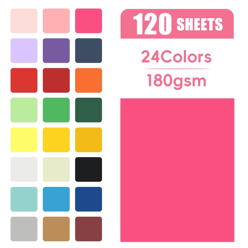 FloraSea 120 Sheets Colored CardStock, 180gsm/65lb 24 Colors Cardstock Print Paper 8.5 x 11 Inches, Double Sided Printed Card Stock Paper for Scrapbook School Office Printing DIY Craft - Image 2