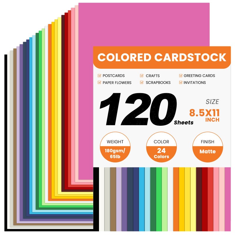 FloraSea 120 Sheets Colored CardStock, 180gsm/65lb 24 Colors Cardstock Print Paper 8.5 x 11 Inches, Double Sided Printed Card Stock Paper for Scrapbook School Office Printing DIY Craft - Image 1