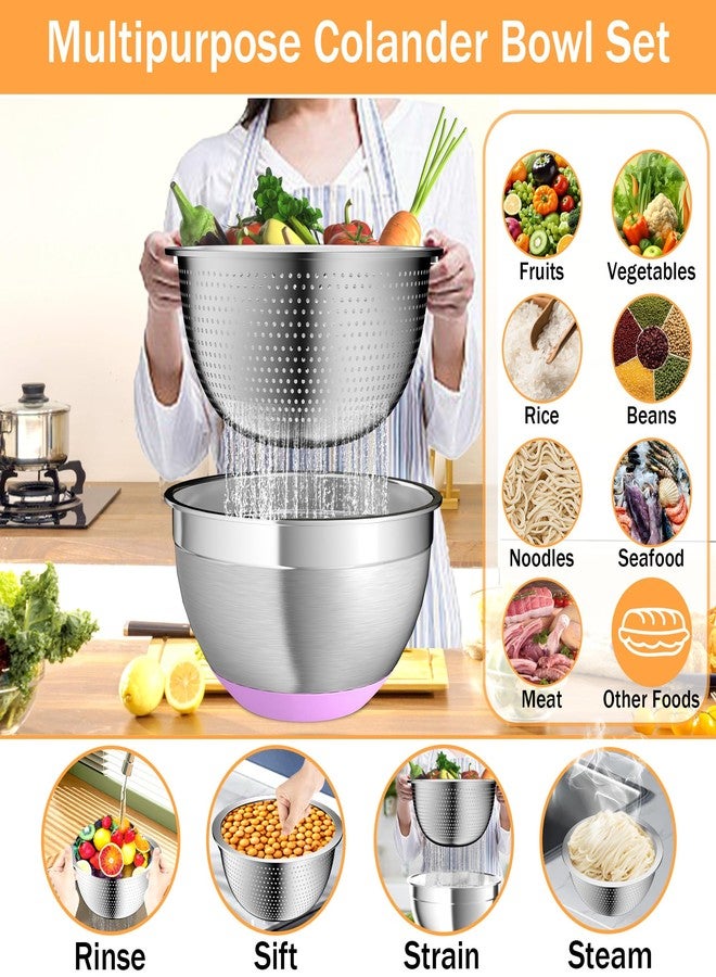 Nicdiet Mixing Bowls with Airtight Lids, Stainless Steel Mixing Bowl Set with 3 Metal Nesting Bowls, Colander & Grater, Non-Slip Bottoms, Size 1.5, 2.5, 6 QT, Great for Mixing & Serving, Mutilcolor - Image 4