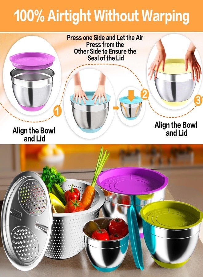 Nicdiet Mixing Bowls with Airtight Lids, Stainless Steel Mixing Bowl Set with 3 Metal Nesting Bowls, Colander & Grater, Non-Slip Bottoms, Size 1.5, 2.5, 6 QT, Great for Mixing & Serving, Mutilcolor - Image 2