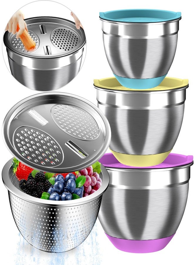 Nicdiet Mixing Bowls with Airtight Lids, Stainless Steel Mixing Bowl Set with 3 Metal Nesting Bowls, Colander & Grater, Non-Slip Bottoms, Size 1.5, 2.5, 6 QT, Great for Mixing & Serving, Mutilcolor - Image 1