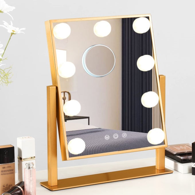 VANITY MIRROR WITH LIGHTS HOLLYWOOD MIRROR LIGHTED MAKEUP MIRROR WITH 9 LED BULBS TOUCH CONTROL DESIGN 3 COLORS DIMMABLE BULBS DETACHABLE 10X MAGNIFICATION 360ROTATIONGOLD