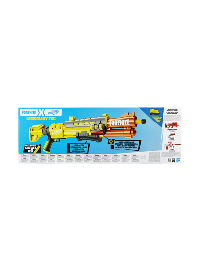 NERF Fortnite Legendary TAC Dart Blaster, Yellow Glow Wrap Design, Includes 6-Dart Mega Drum and 6 AccuStrike Mega Darts, Pump Action