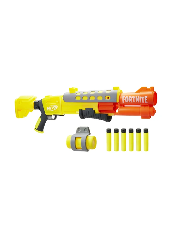 NERF Fortnite Legendary TAC Dart Blaster, Yellow Glow Wrap Design, Includes 6-Dart Mega Drum and 6 AccuStrike Mega Darts, Pump Action