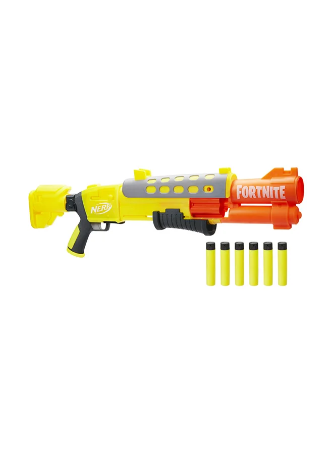 NERF Fortnite Legendary TAC Dart Blaster, Yellow Glow Wrap Design, Includes 6-Dart Mega Drum and 6 AccuStrike Mega Darts, Pump Action