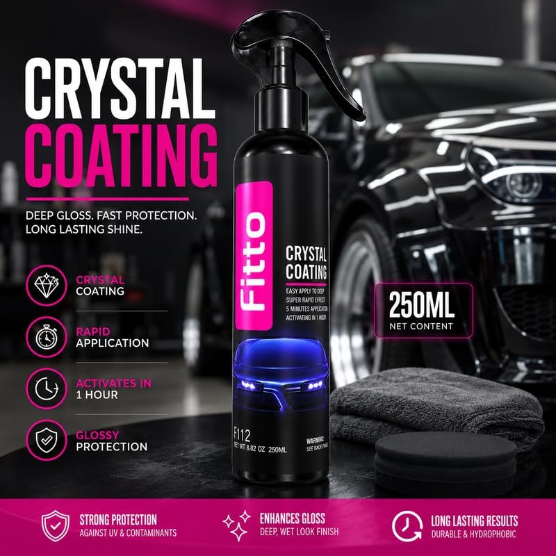 FITTO Crystal Coating 250ML, Car Paint Protection Coating Spray with Deep Gloss Finish, Long Lasting Hydrophobic Shine and UV Protection - Image 2