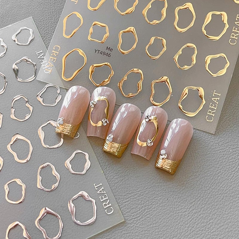OSTTMA 5D Embossed Metal Nail Art Stickers, 4Sheets Gold Silver Irregular Geometric Lines Frames Nail Sticker Hollow Circle Designs Nail Decals for Women Self Adhesive Nails Manicure Accessories - Image 4