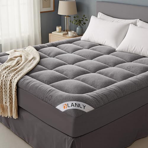 OLANLY Queen Mattress Topper Bamboo Viscose Cooling Pillow Top Mattress Pad Soft Plush Down Alternative for Firm Mattress Back Hip Pressure Relief Machine Washable Deep Pocket Light Gray - Image 1