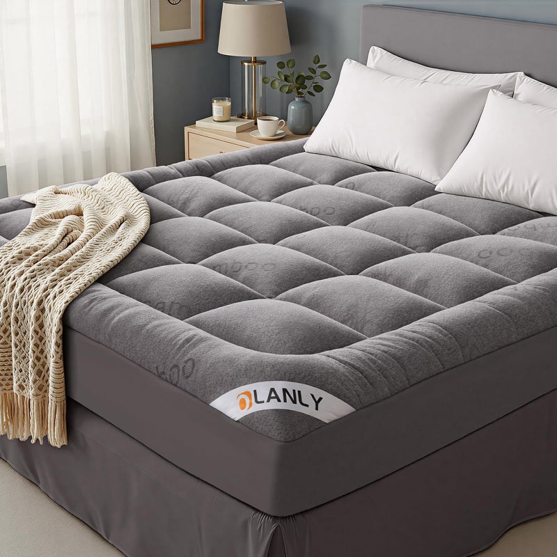 OLANLY Queen Mattress Topper Bamboo Viscose Cooling Pillow Top Mattress Pad Soft Plush Down Alternative for Firm Mattress Back Hip Pressure Relief Machine Washable Deep Pocket Light Gray - Image 2