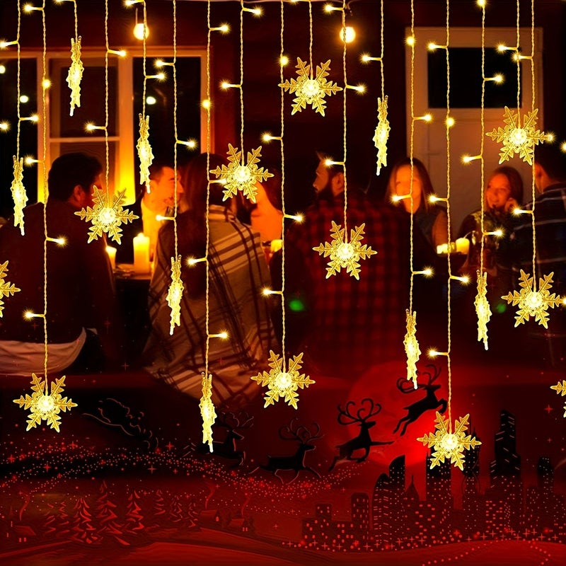Battery Powered LED Snowflake Icicle Curtain Light Warm Yellow 157.48 Inch Christmas Decoration - Image 1